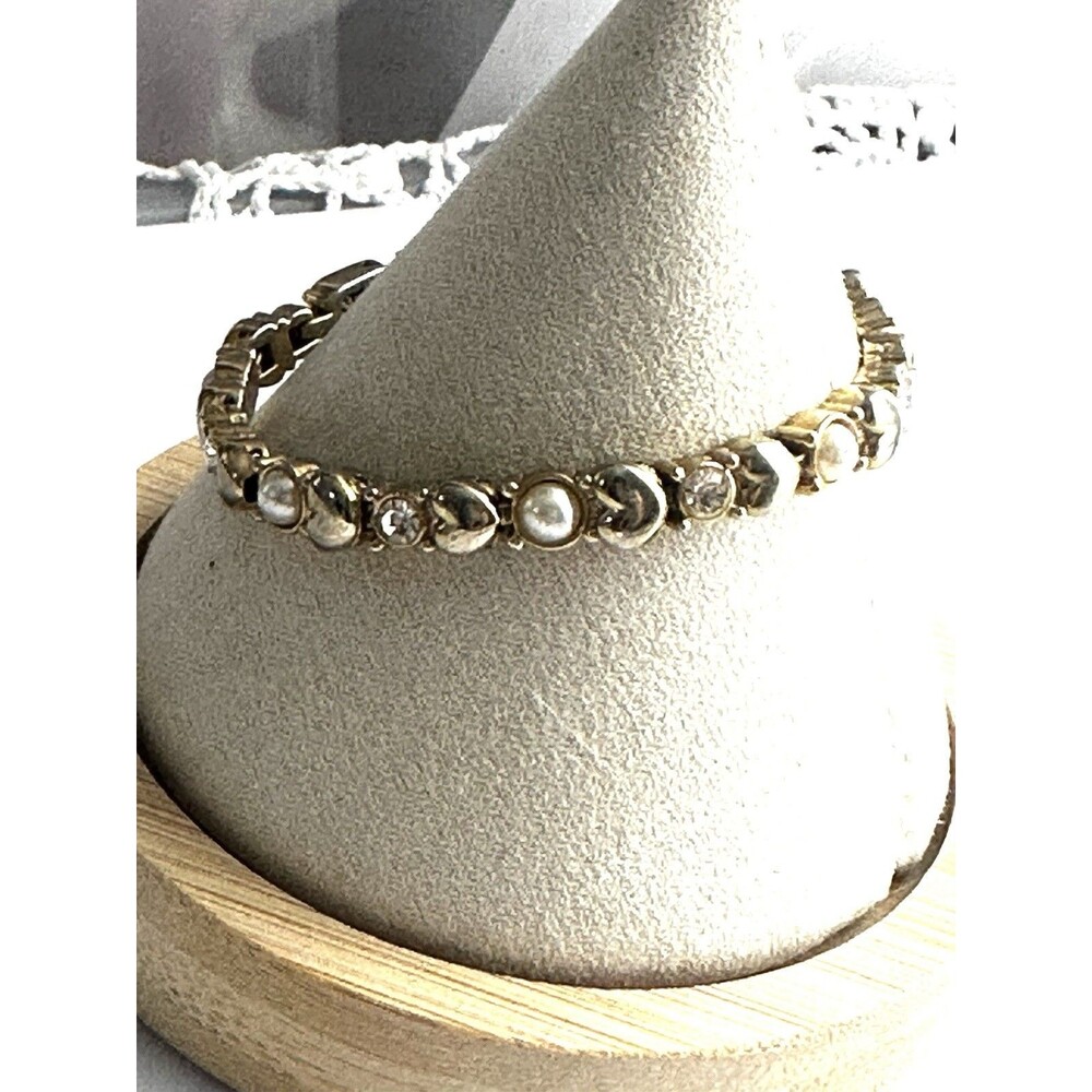 Vintage Gold Tone Heart Faux Pearl Rhinestone Tennis Bracelet